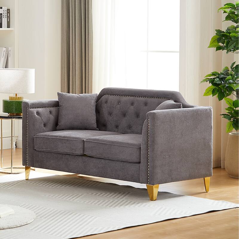 Chenille Fabric Sofa with Gold Metal Legs, Button Tufting, and Brass Nail Detail