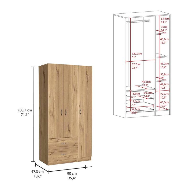18.5" Modern Three-door Armoire with Hanging Rod, Two Bottom Drawers and Four Interior Shelves