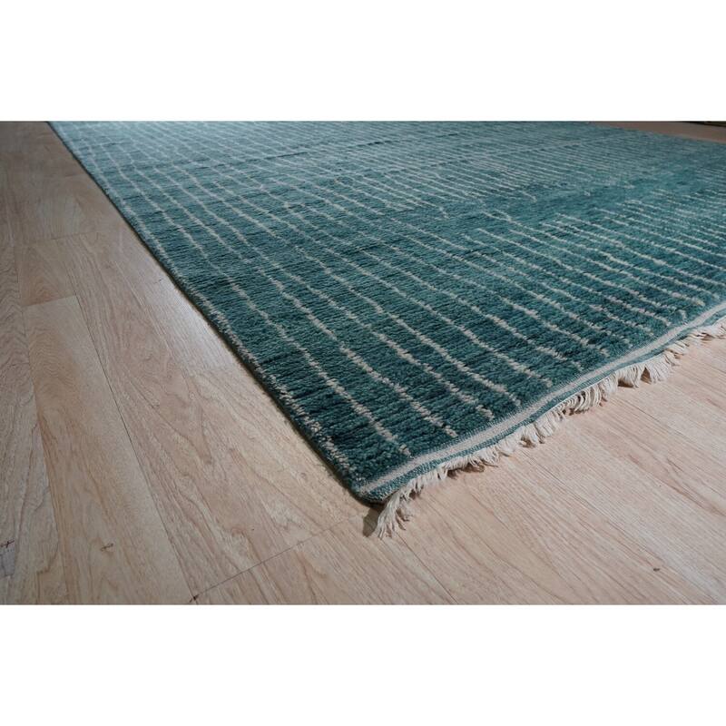 Green Hand-Knotted Wool Moroccan Rug, 9' x 12', soft cozy area rug - L