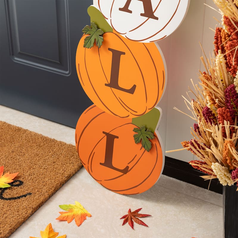 Glitzhome 41.75"H Fall and Christmas Double Sided Wooden Pumpkin and Ornament Porch Sign