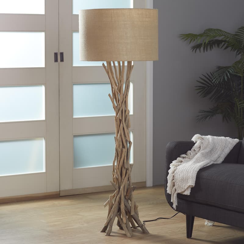 Driftwood Handmade Room Floor Lamp with Beige Linen Shade - Light Brown - Roche River Decor