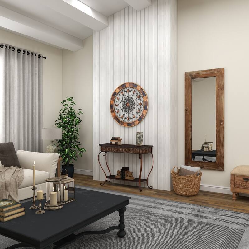 Brown Metal Embossed 1 Shelf Floral Console Table with Ornate Scroll Legs