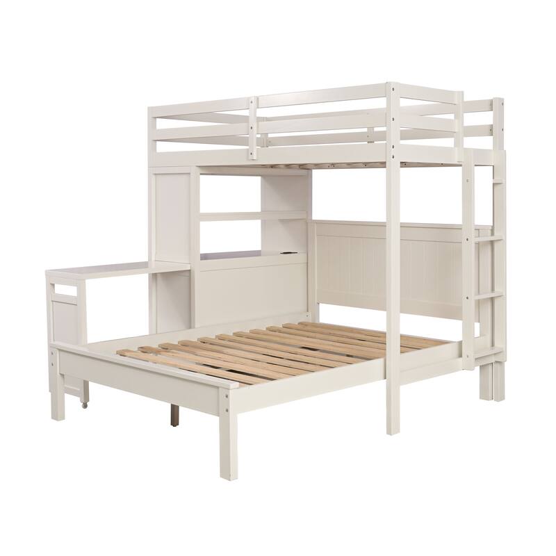 Furniture of America Elyra Modern Twin Over Full 3-in-1 White Solid Pinewood Loft Bed with Bookcase, Desk and USB Port