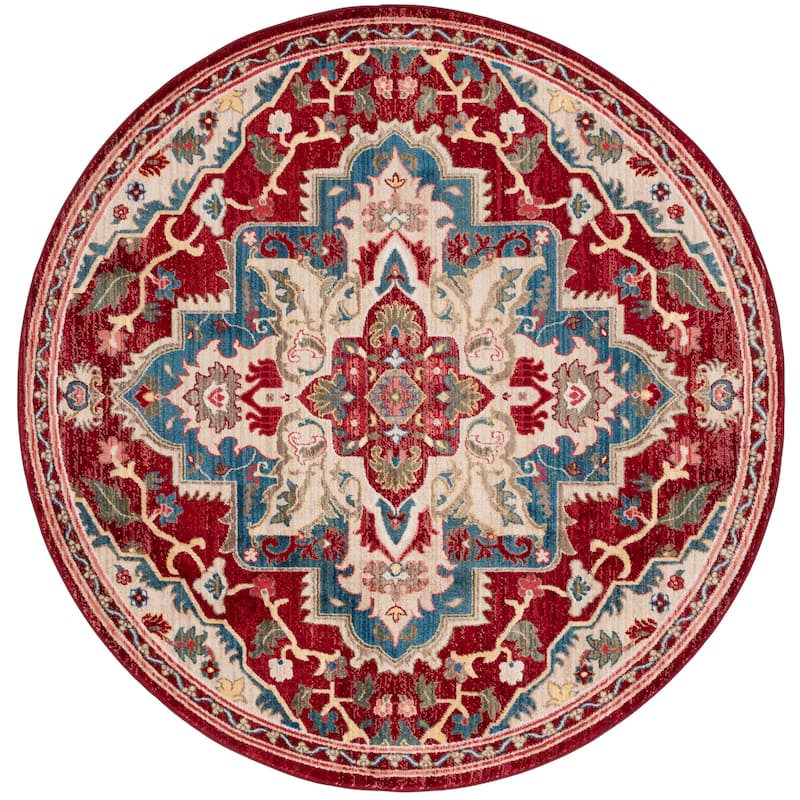 SAFAVIEH Kashan Cherrie Oriental Rug with Fringe - 6'7" Round - Red/Beige