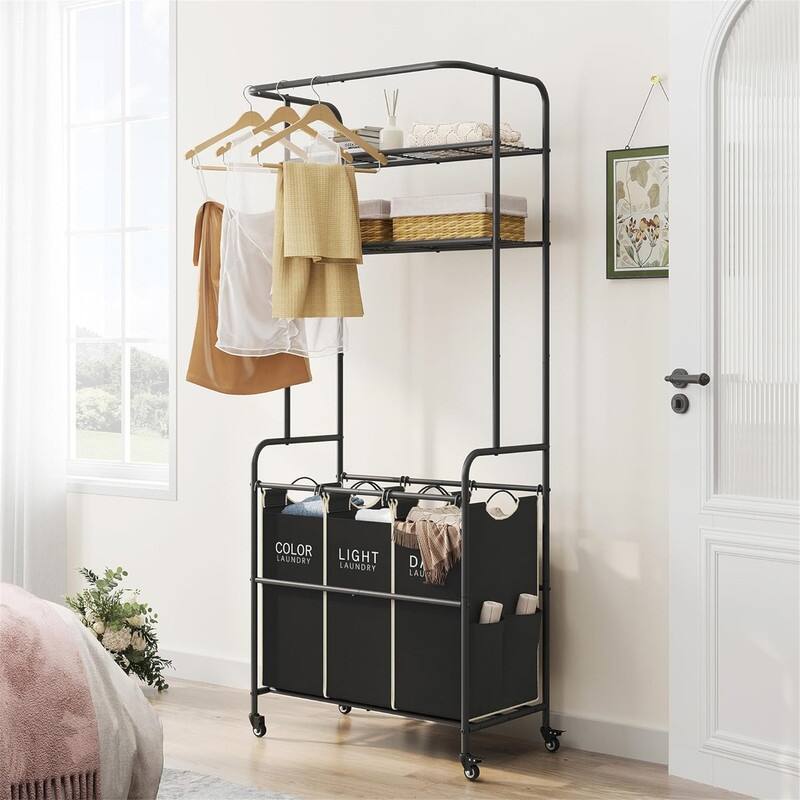 Laundry Sorter Cart with Hanging Rack - 28.54"L x 17.7"W x 70.86"H - 28.54"L x 17.7"W x 70.86"H - Black