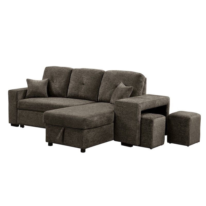 95" Velvet Sectional Sofa with Storage Chaise and 2 Stools and Reversible L-Shape Sofa Bed