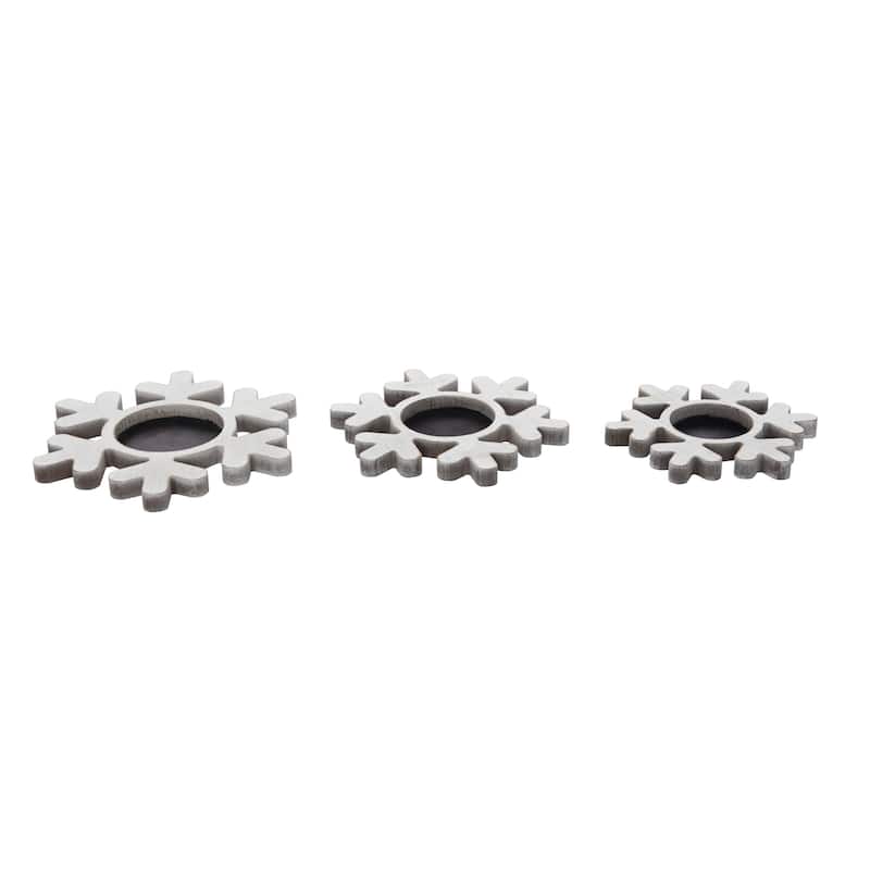 Transpac Wood 9 in. White Christmas Snowflake Candle Holder Set of 3