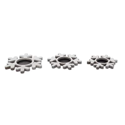 Transpac Wood 9 in. White Christmas Snowflake Candle Holder Set of 3