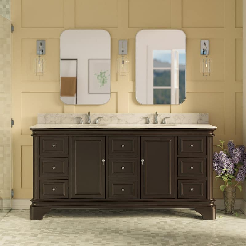 KitchenBathCollection Katherine 72" Double Bathroom Vanity with Carrara Marble Top - Chocolate