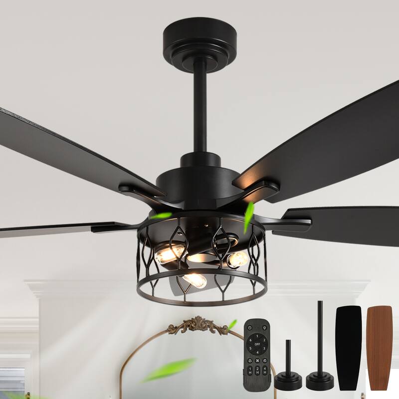 Cusp Barn 52 Inch Industrial Caged Ceiling Fan with Light and Remote, Farmhouse Quiet DC Motor Reversible Chandelier Ceiling Fan - Black