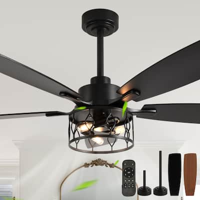 Cusp Barn 52 Inch Industrial Caged Ceiling Fan with Light and Remote, Farmhouse Quiet DC Motor Reversible Chandelier Ceiling Fan