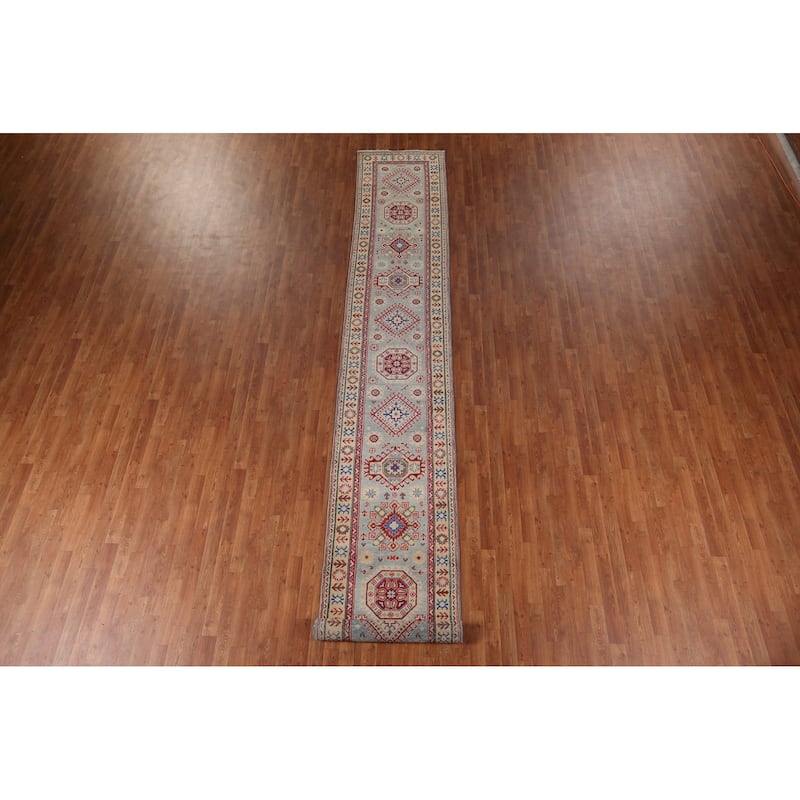 Geometric Kazak Oriental Runner Rug Hand-Knotted Grey Wool Carpet - 2'7" x 16'0"