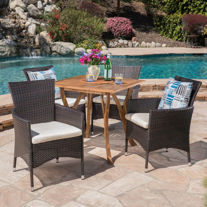 Christopher Knight Home Danby Outdoor 5-Piece Acacia Wood and Wicker Dining Set - Teak + Multi-Brown + Beige Cushions