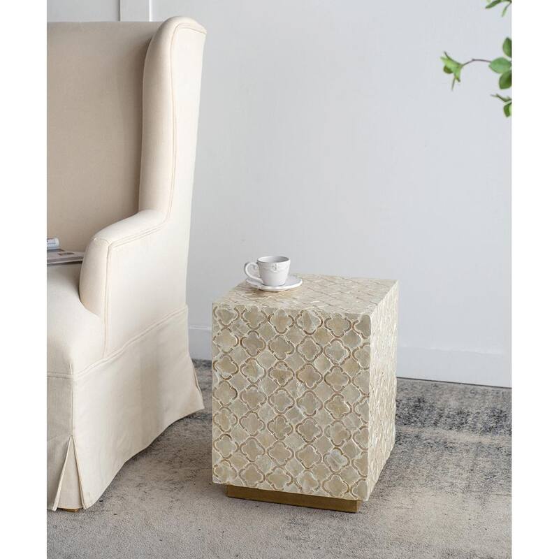 Geometric Capiz Block Stool - 14" Square Design, End Table, Side Table - 14x14x18"