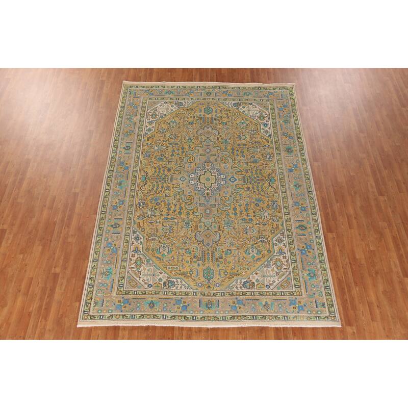 Hand Knotted Oriental 100% Wool Carpet Traditional Medallion Yellow & Gold Tabriz Area Rug - 11' 5'' X 8' 1''