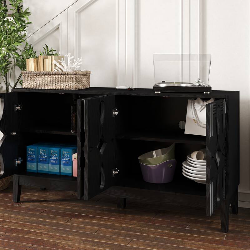 Hollow-Carved Accent Cabinet Sideboard Buffet Cabinet, 60.5" Entrance Storage Cabinet Media Console Table with 4 Doors