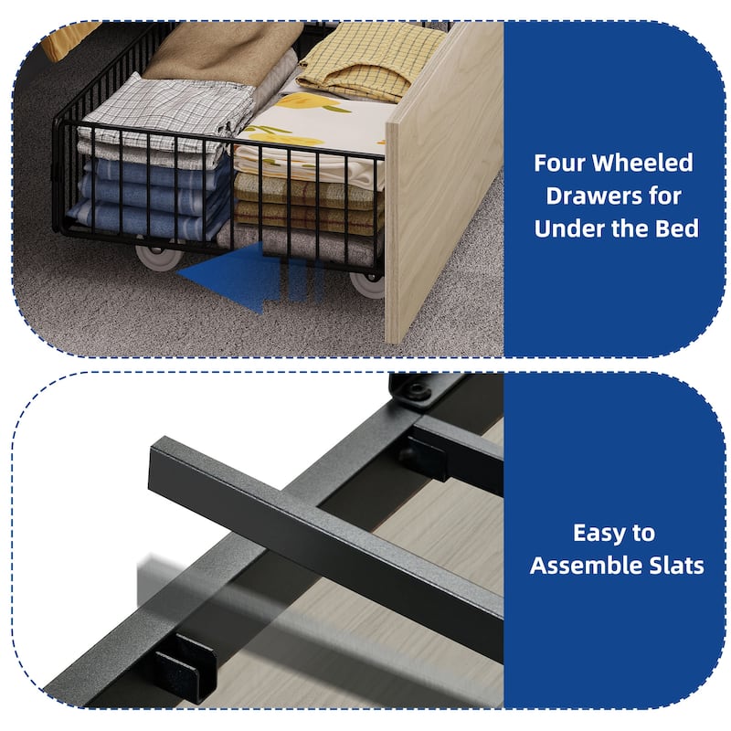 Moasis LED Bed Frame with Bookcase Headboard, 4 Storage Drawers and Type-C USB Charging Station