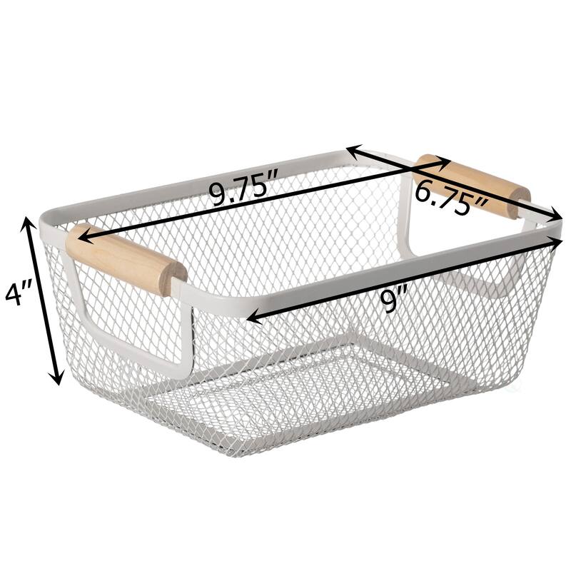 Basicwise Multipurpose Metal Mesh Basket with Wooden Handle Storage Organizers for Kitchen, Bathroom, Cabinet, and Closet