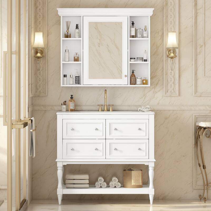 Roomfitters 36" Vanity with Medicine Cabinet, Mirror Cabinet with Shelf, Solid Wood Bathroom Cabinet with 4 Drawers - White