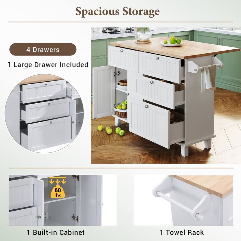 TOPMAX Kitchen Island Set with Drop Leaf and 2 Seatings, Dining Table Set with Adjustable Shelf, Drawers and Towel Rack