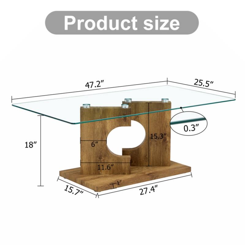 A rectangular modern and fashionable coffee table with tempered glass tabletop and black MDF legs