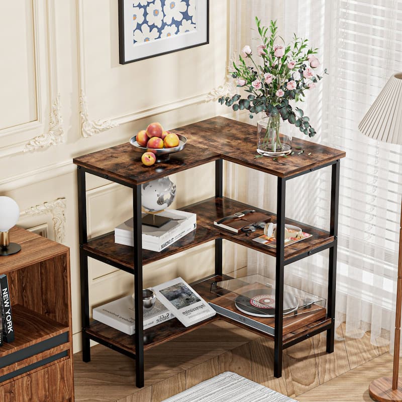 Javlergo L-Shaped 3-Tier Corner Shelf Black Metal Frame Wood Storage Display Shelves Multi-Purpose for Living Room Bathroom