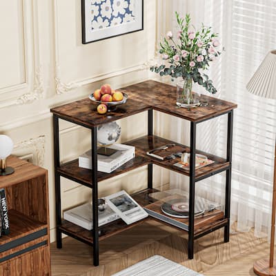Javlergo L-Shaped 3-Tier Corner Shelf Black Metal Frame Wood Storage Display Shelves Multi-Purpose for Living Room Bathroom