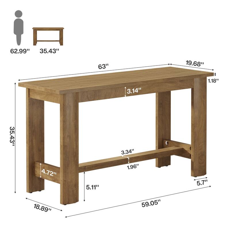 63 Inch Long Bar Table, Rectangular Counter Height Pub Dining Table with Footrest - 19.69" D x 63" W x 35.43" H