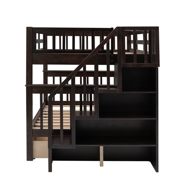 Versatile Full Over Full Bunk Bed Convertible 2 Individual Full-size Beds with Drawer, Stairway, Open Storage and Guard Rail