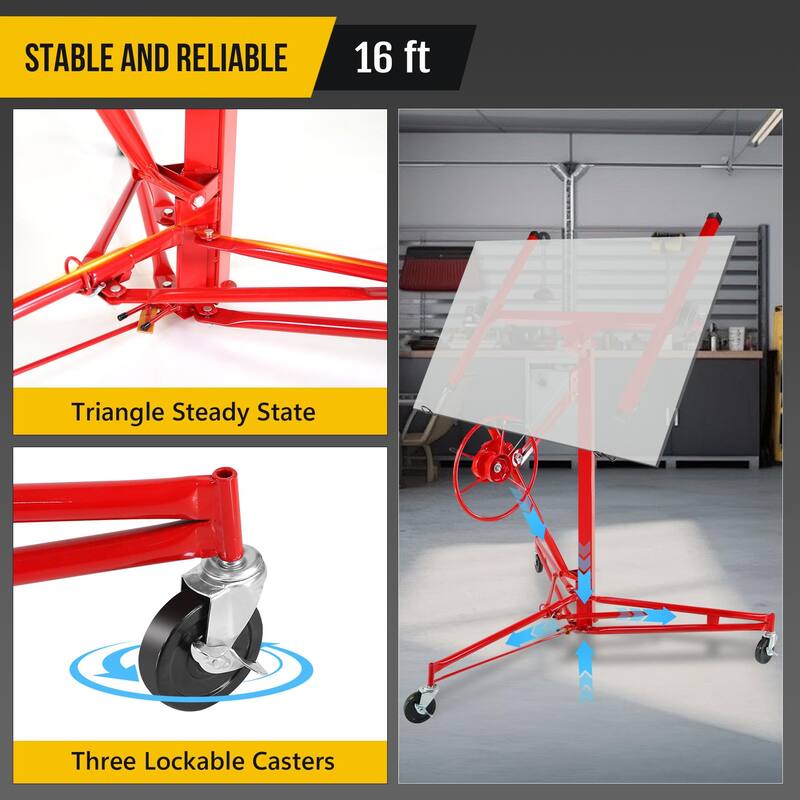 Drywall Lift 150lb Capacity Heavy Duty Sheetrock Hoist w/Telescopic Arm & Locking Wheels, Steel Panel Lifter for Ceiling