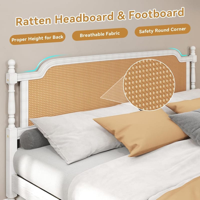 Full Size Bed Frame, Full Platform Bed Frame with Natural Rattan Headboard and Footboard, Solid Pine Wood
