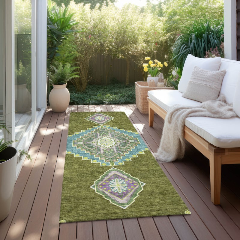 Machine Washable Indoor/ Outdoor Boho Traditional Chantille Rug - Olive - 2'3" x 7'6"