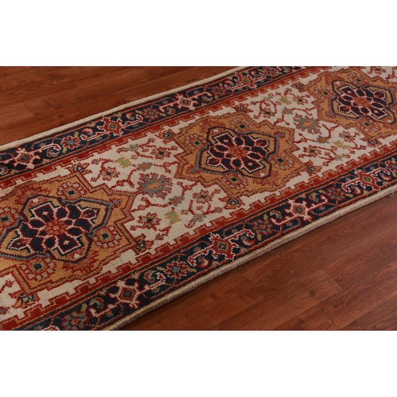Hand Knotted Oriental 100% Wool Carpet Traditional Geometric Beige & Ivories Heriz (serapi) Runner Rug - 8' 0'' X 2' 5''