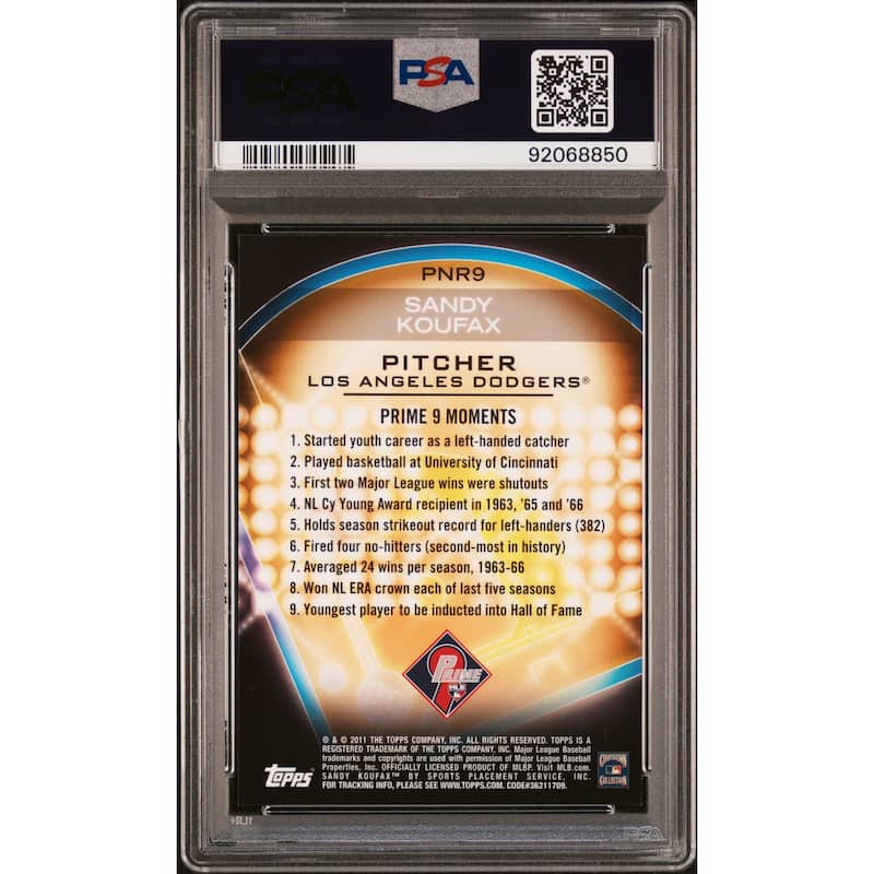 Sandy Koufax 2011 Topps Prime 9 Redemption Baseball Card #PNR9 Graded PSA 9 - 8'6" x 11'6"