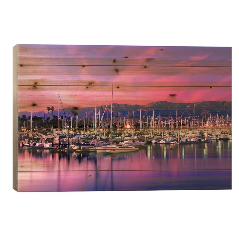 Stunning Magenta Sunset Over Santa Barbara Harbor, Santa Barbara County, California, USA Print On Wood by Panoramic Images - 18x26x1.5