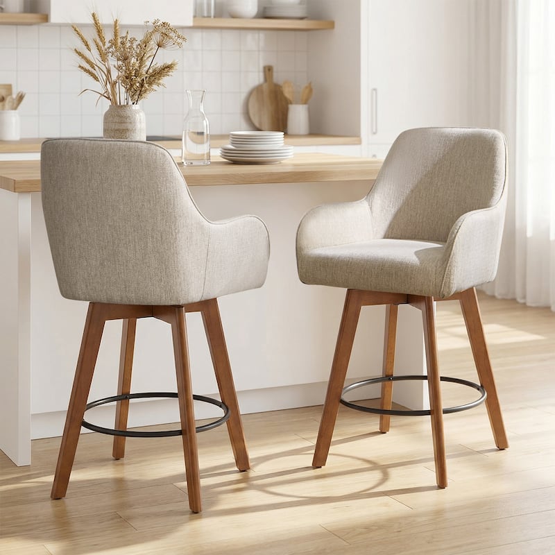 25 Inch Upholstered Swivel Counter Height Bar Stool with Armrests, Solid Wood Legs - 23.6"W x 22.4"D x 40.2"H