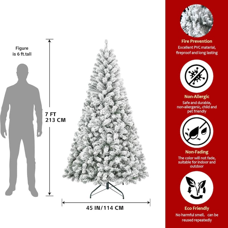 6FT Flocked Christmas Tree - Artificial Snowy Holiday Tree with 678 Tips, Full Shape PVC, Sturdy Metal Stand