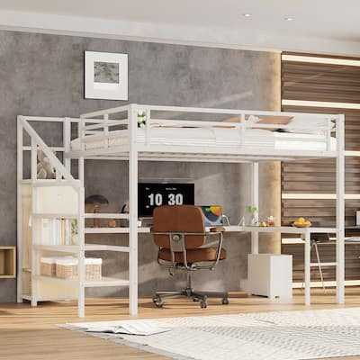 Queen Size Loft Bed with L-shaped Desk and USB, Metal Loft Bed with Wardrobe and Adjustable Shelf, High Loft Bed with LED