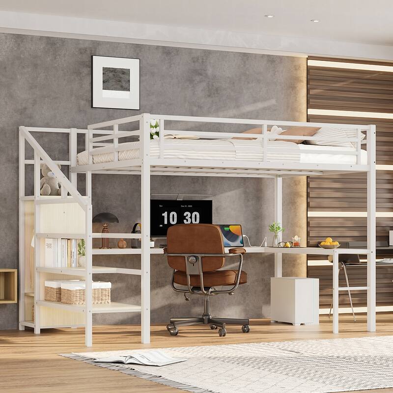 Roomfitters Queen Size Metal Loft Bed with L-Shaped Desk, USB Ports, LED Lighting & Adjustable Shelves - White Straight Grain - Queen