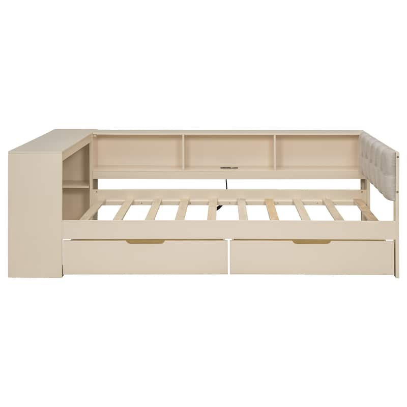 L-shaped Bed Frame with Desk,Shelves,Charging Station,and Optional Upholstered Sofa Bed with Trundle or Wood Daybed with Drawers