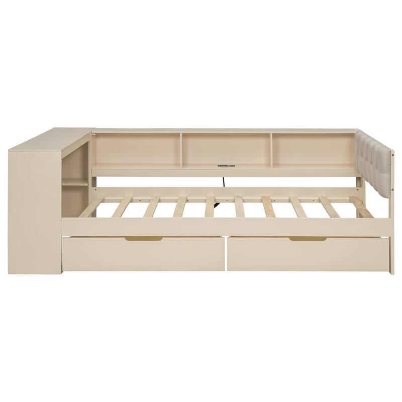 Wood Platform Bed with Wrap-Around Shelves, 2 Drawers and Charging Station by Harper&Bright Designs