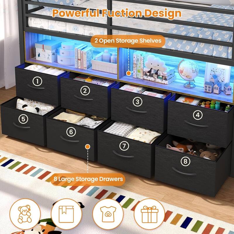 House Low Loft Bed Twin Size Storage Drawers Bookcase LED Lights