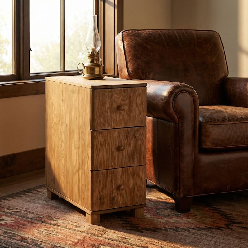 Solid Wood Side Table with 3 Drawers - Brown
