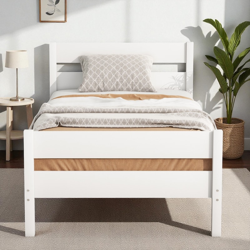Twin Bed with Headboard and Footboard, Solid Rubber Wood Frame with Under-Bed Storage and Durable Slat Support