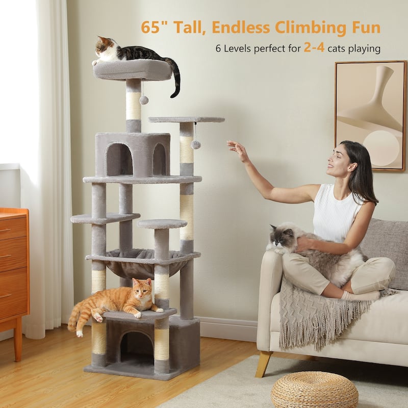 64.5" Cat Tree with Sisal-Covered Scratching Posts, 2 Padded Perch, Dual Condo and Basket - Grey