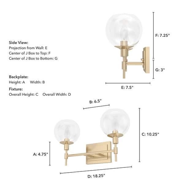 dimension image slide 6 of 7, Hunter Xidane Vanity Wall Light - Bathroom, Mid Century Modern, Glam - Clear glass