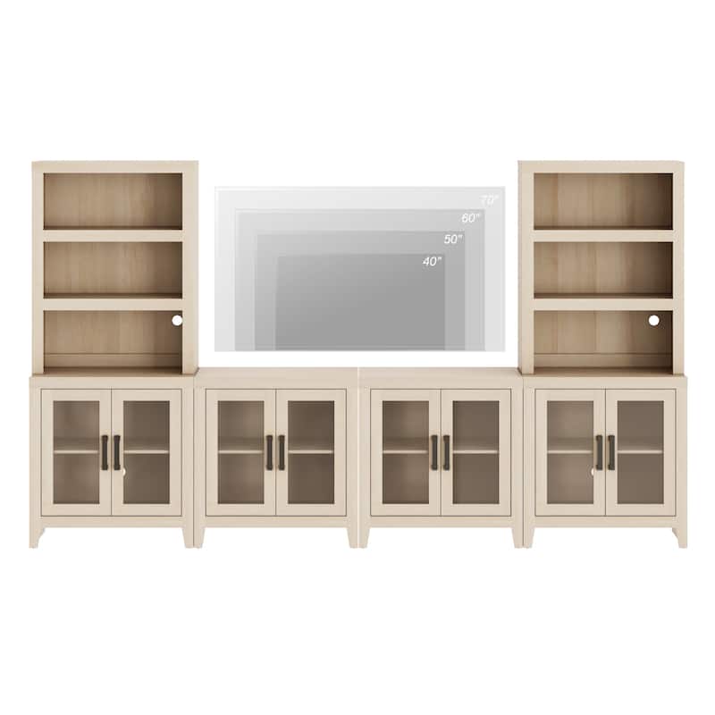 WAMPAT Farmhouse Entertainment Center with Bookshelves, Modular TV Stand with Storage Cabinets & Glass Doors