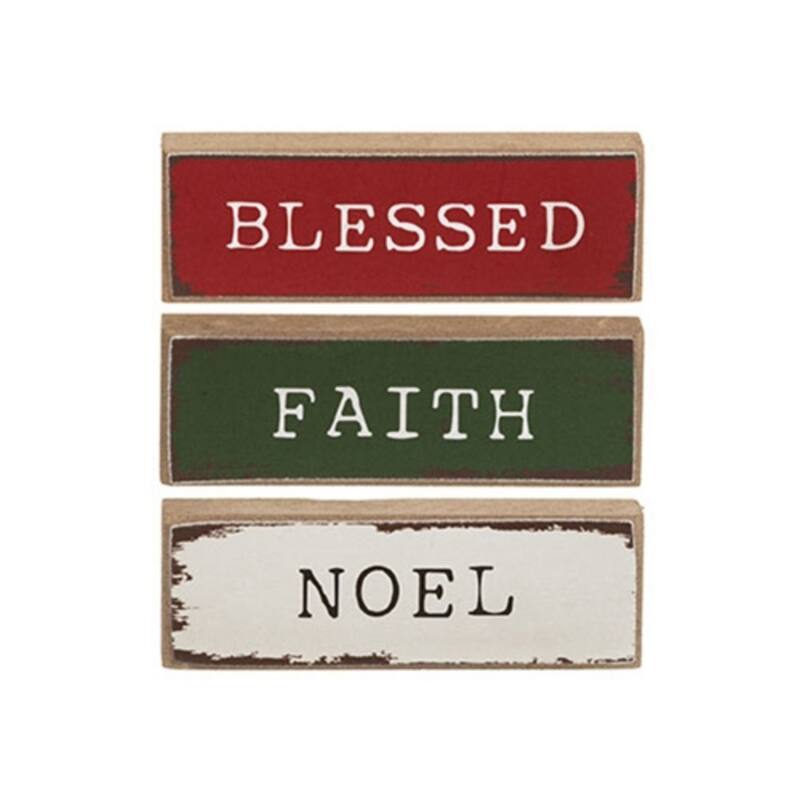 Vintage Holiday Mini Wooden Blocks Set Blessed Faith Noel- 3 Asstd. - 3" x 0.50" x 1" - White-Red-Green