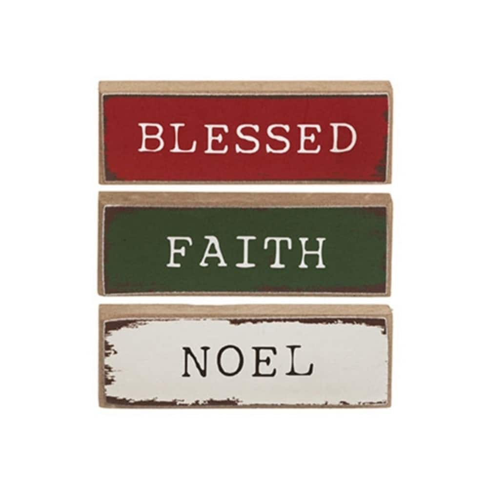 Vintage Holiday Mini Wooden Blocks Set Blessed Faith Noel- 3 Asstd. - 3" x 0.50" x 1"