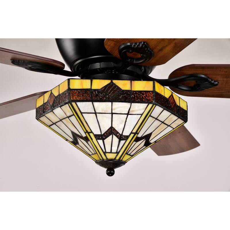 Lymelyn 52-Inch Flushmount Lighted Ceiling Fan Ivory Geometric Tiffany Glass Lamp Black Finish